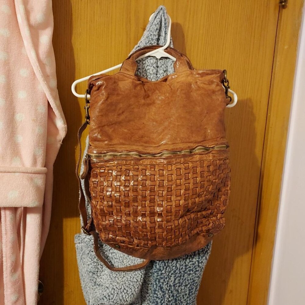 Langellotti Italy Woven Brown Leather Boho Crossbody Tote Purse